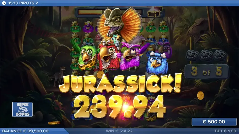 Pirots 2 Jurassick gevinst-skærm med gevinstanimation