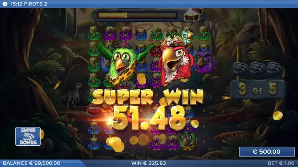 Pirots 2 Super gevinst-skærm med gevinstanimation