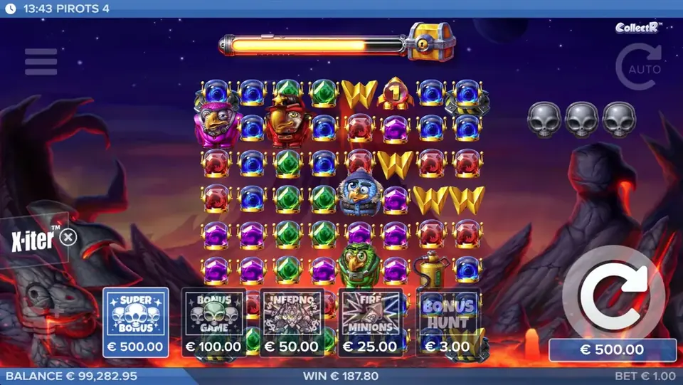 Pirots 4 startskærm i demo-tilstand for Inferno-verdenen