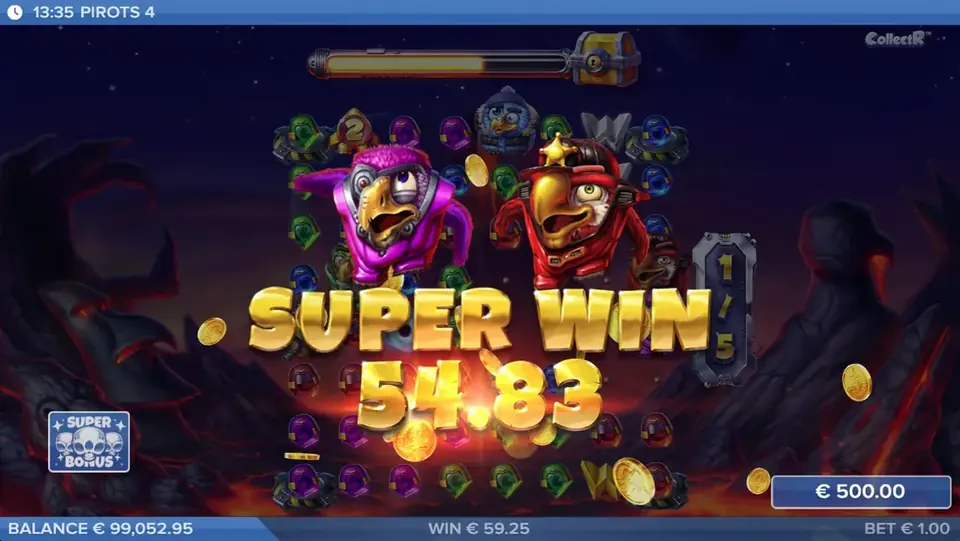 Pirots 4 Super Win gevinstskærm i Inferno