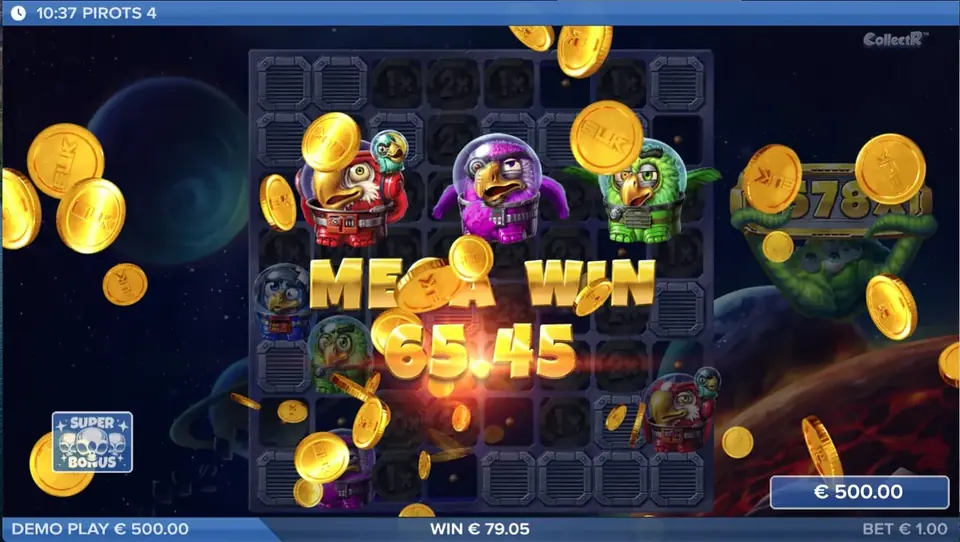 Pirots 4 Mega Win gevinstskærm i Lost in Space