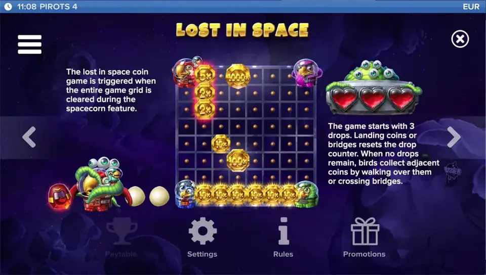 Pirots 4 udbetalingstabel niveau 7 med symboler og værdier i Lost in Space