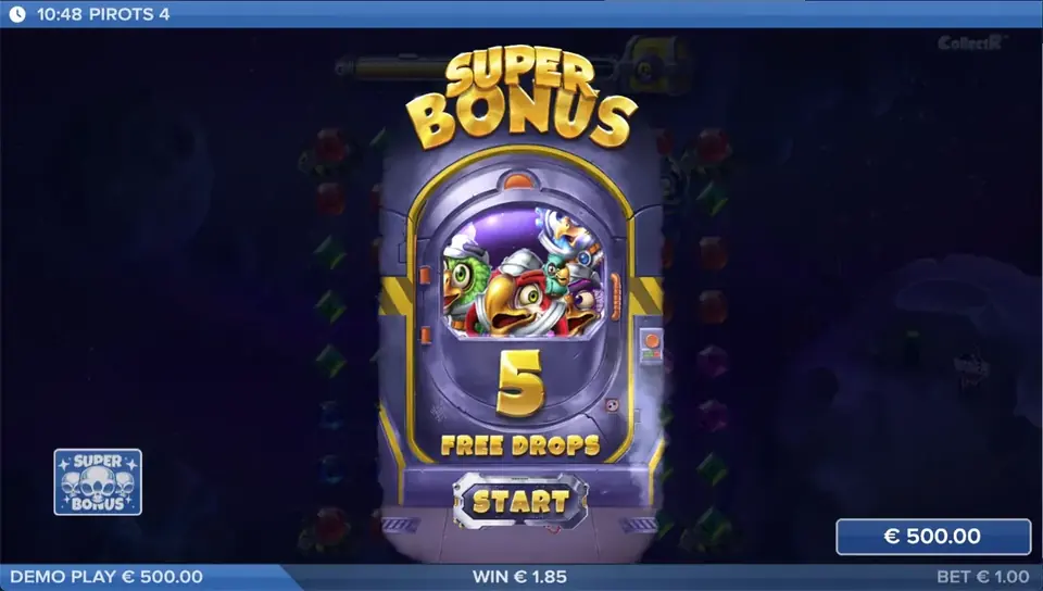 Pirots 4 superbonus-tilstand med Free Drops aktiveret i Lost in Space