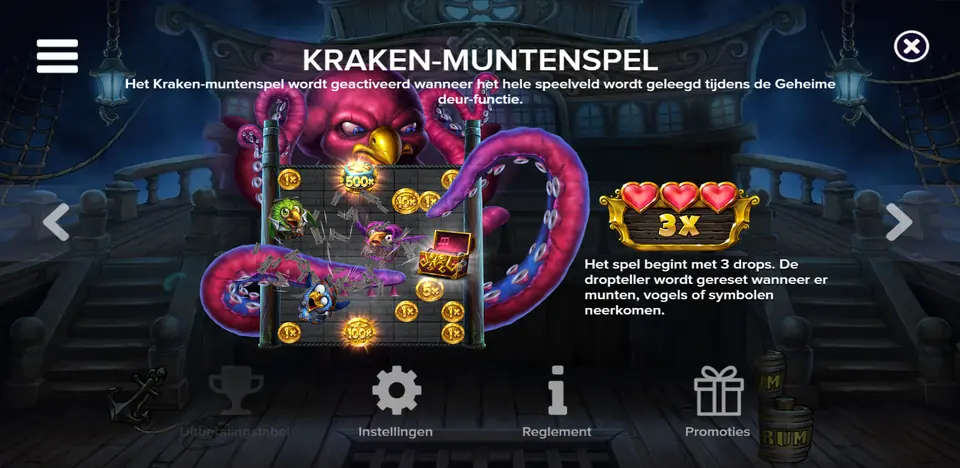Infoskærm med fælderne i Pirots 5 The Kraken: pilefælde, ankerfælde og hemmelig dør