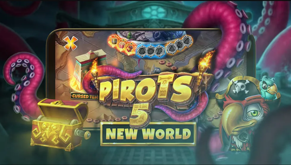 Pirots 5 The Kraken på mobilen med verdensvælgeren Cursed Temple øverst