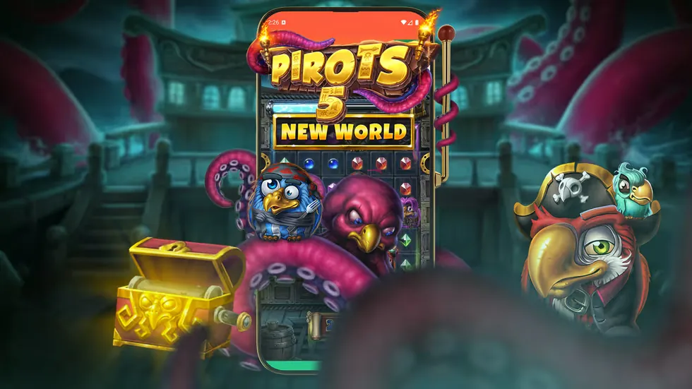 Pirots 5 The Kraken på en smartphone med spilleplade, skattekiste og tentakler