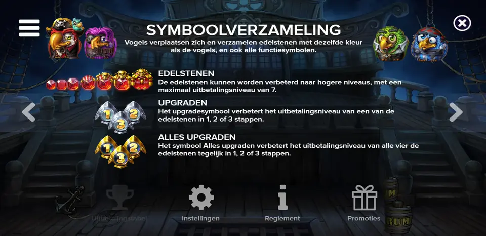 Infoskærm om symbolindsamling og opgradering af ædelstene i Pirots 5 The Kraken