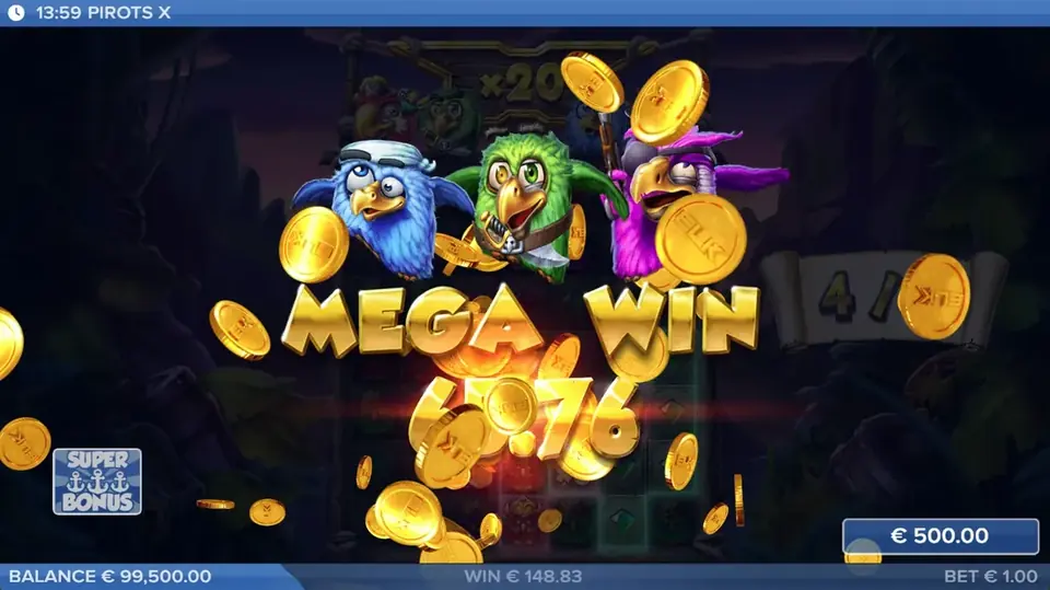 Pirots X mega gevinst-skærm med gevinstanimation