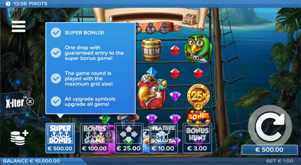 X-iter-menuen i Pirots med Super Bonus, Bonus, Super Spin, Feature drop og Bonus Hunt